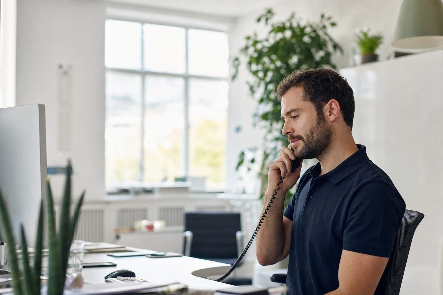 Mitarbeiterin im Telefonat am Schreibtisch, bereit für Ihr Erstgespräch